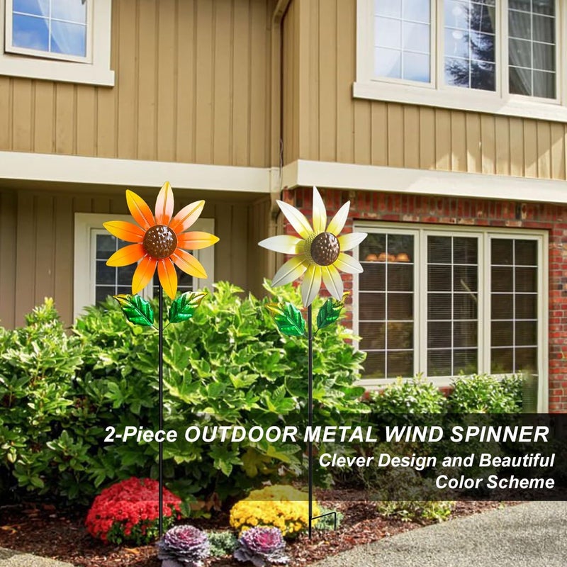 Senflame 2 Pack Metal Wind Spinners for Outdoor Decor - ​Garden Windmill Sculptures, ​Yard Art for ​Patio Lawn - ​Vibrant White Daisies & Orange Sunflowers Metal Spinners for ​Garden Decorations - Image 2